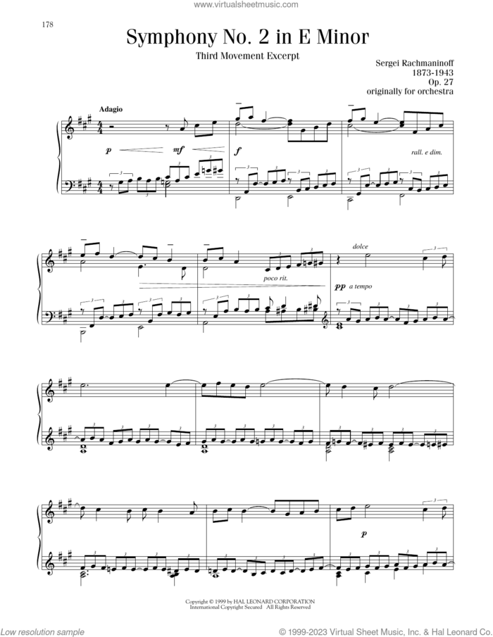 Symphony No. 2 - 3rd Movement sheet music for piano solo by Serjeij Rachmaninoff, classical score, intermediate skill level
