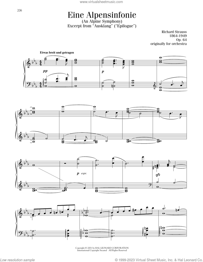Eine Alpensinfonie (An Alpine Symphony) sheet music for piano solo by Richard Strauss, classical score, intermediate skill level