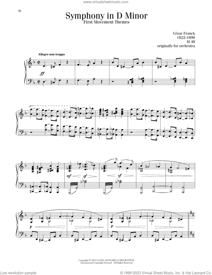 Symphony In D Minor, First Movement Theme sheet music for piano solo by Cesar Franck, classical score, intermediate skill level