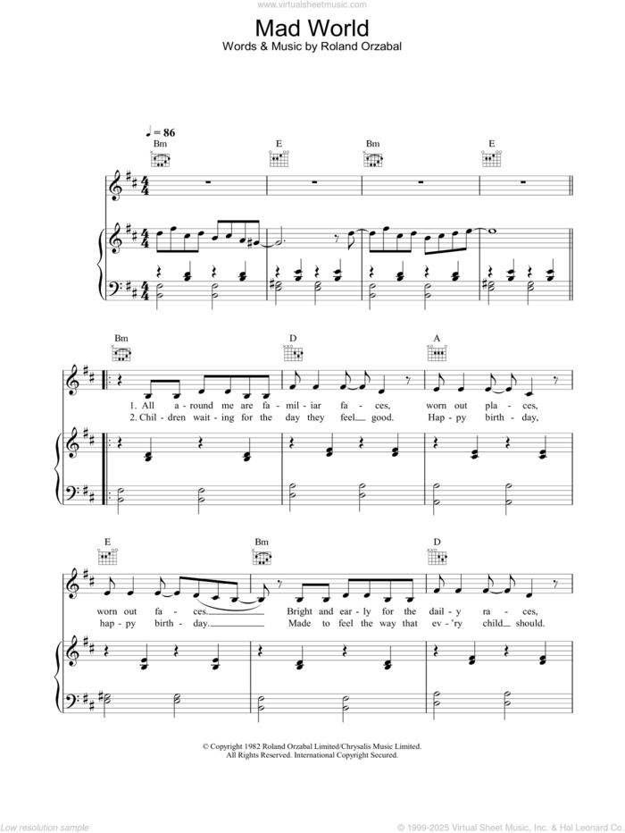 Mad World sheet music for voice, piano or guitar by Alex Parks, Gary Jules, Michael Andrews, Tears For Fears and Roland Orzabal, intermediate skill level