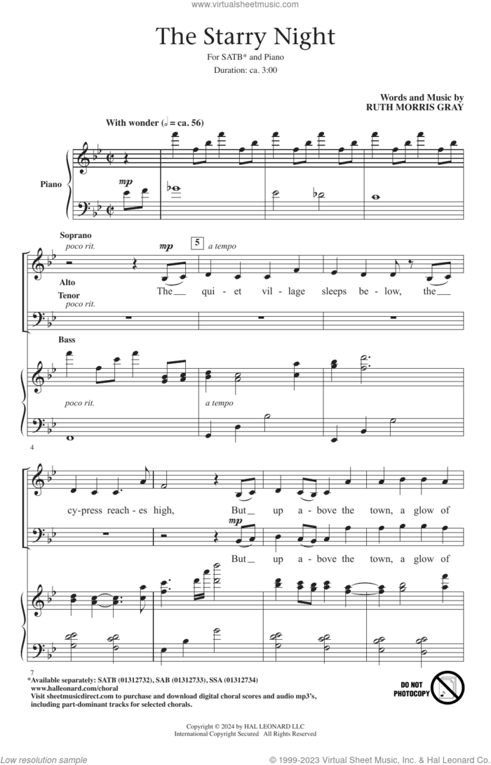 The Starry Night sheet music for choir (SATB: soprano, alto, tenor, bass) by Ruth Morris Gray, intermediate skill level