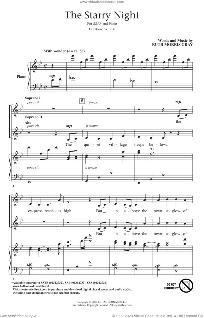 The Starry Night sheet music for choir (SSA: soprano, alto) by Ruth Morris Gray, intermediate skill level
