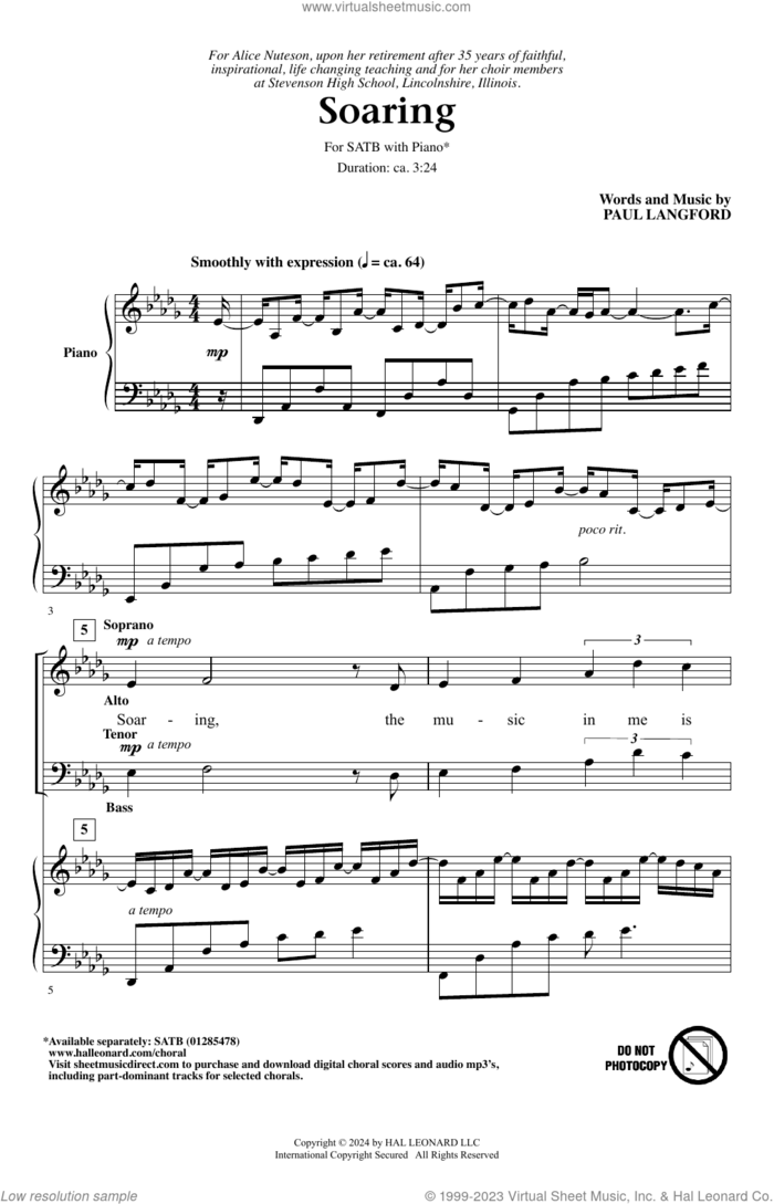 Soaring sheet music for choir (SATB: soprano, alto, tenor, bass) by Paul Langford, intermediate skill level
