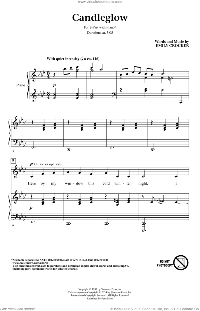 Candleglow sheet music for choir (2-Part) by Emily Crocker, intermediate duet