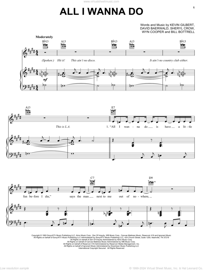 All I Wanna Do sheet music for voice and piano by Sheryl Crow, Bill Bottrell, David Baerwald and Kevin Gilbert, intermediate skill level