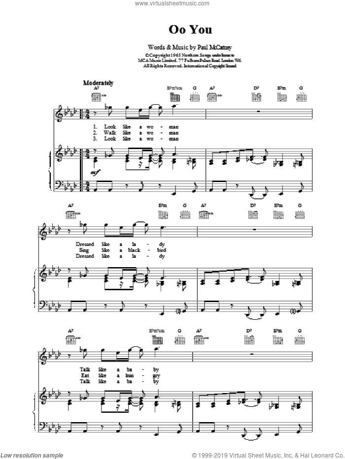 Oo You sheet music for voice, piano or guitar by The Beatles and Paul McCartney, intermediate skill level