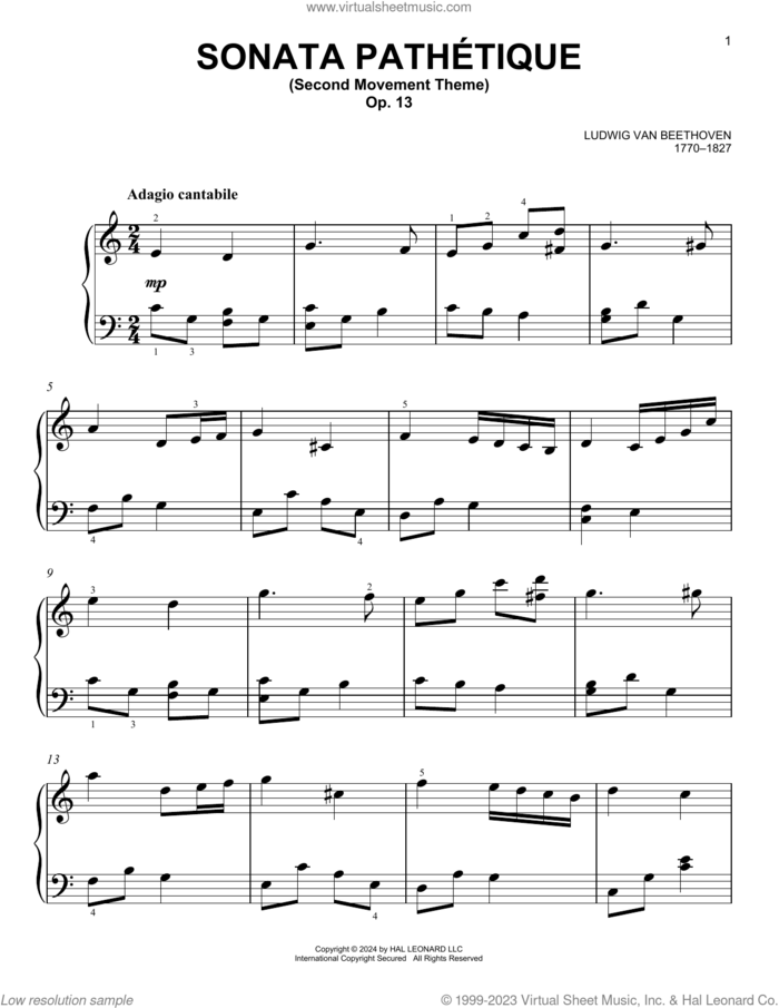 Sonata In C Minor, Op. 13 'Pathetique' (2nd Movement Theme) sheet music for piano solo by Ludwig van Beethoven, classical score, easy skill level