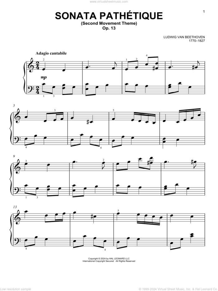 Sonata In C Minor, Op. 13 'Pathetique' (2nd Movement Theme) sheet music for piano solo by Ludwig van Beethoven, classical score, easy skill level