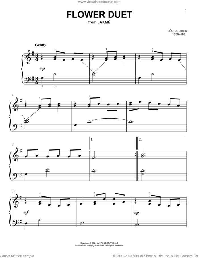 Flower Duet sheet music for piano solo by Leo Delibes, classical score, easy skill level