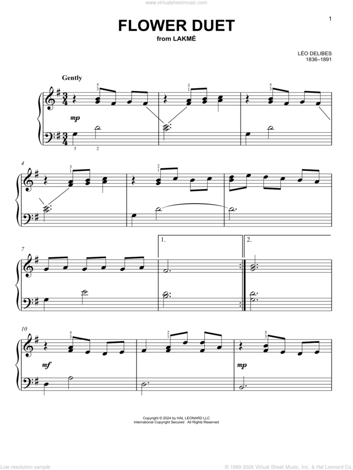 Flower Duet, (easy) sheet music for piano solo by Leo Delibes, classical score, easy skill level