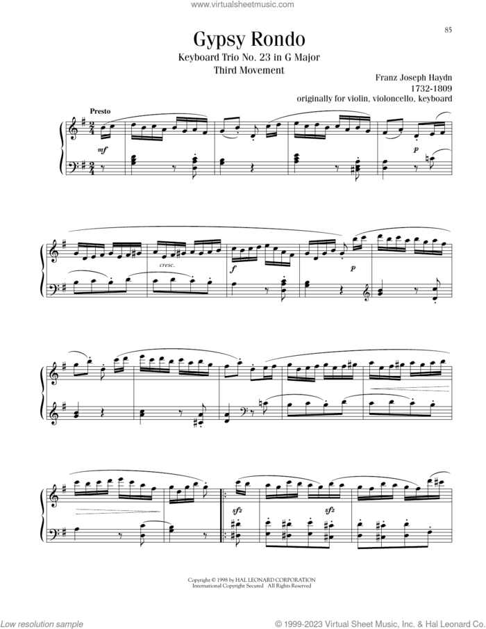 Gypsy Rondo sheet music for piano solo by Franz Joseph Haydn, classical score, intermediate skill level