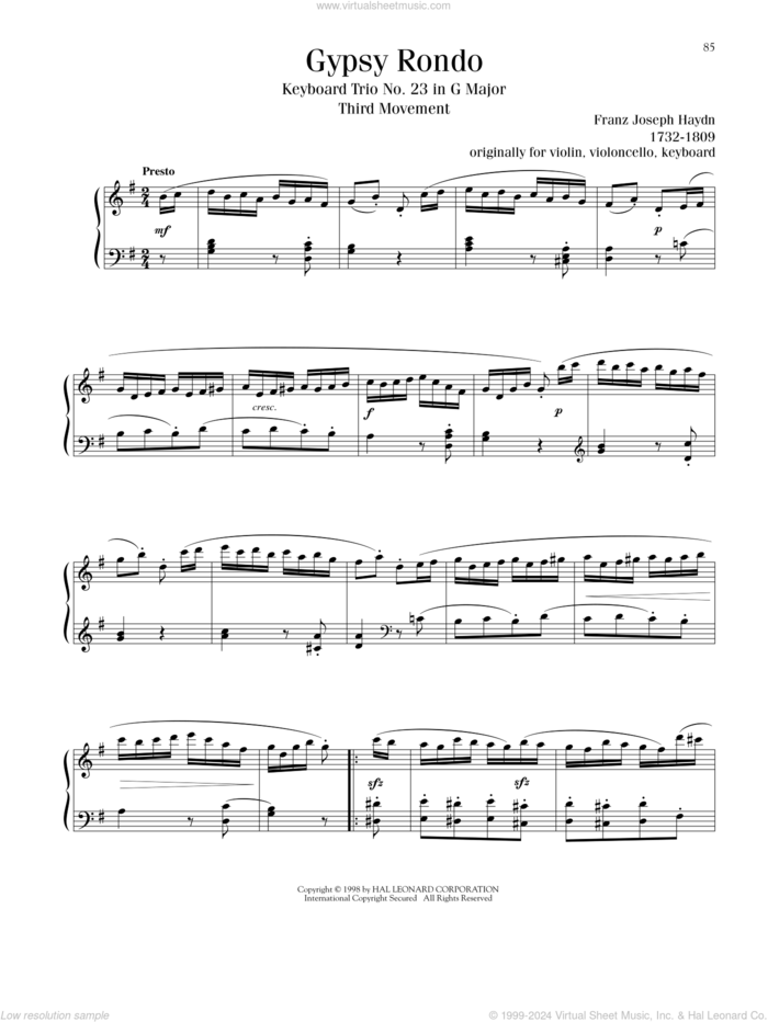 Gypsy Rondo sheet music for piano solo by Franz Joseph Haydn, classical score, intermediate skill level