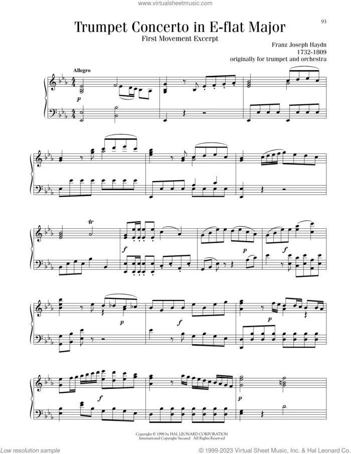Trumpet Concerto in E-flat Major, First Movement Excerpt sheet music for piano solo by Franz Joseph Haydn, classical score, intermediate skill level