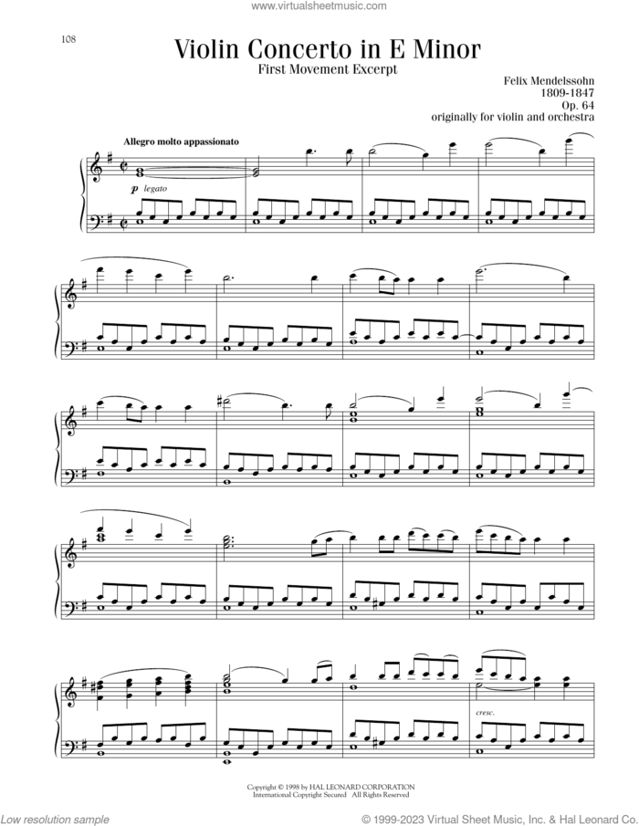 Violin Concerto in E Minor, First Movement Excerpt sheet music for piano solo by Felix Mendelssohn-Bartholdy, classical score, intermediate skill level