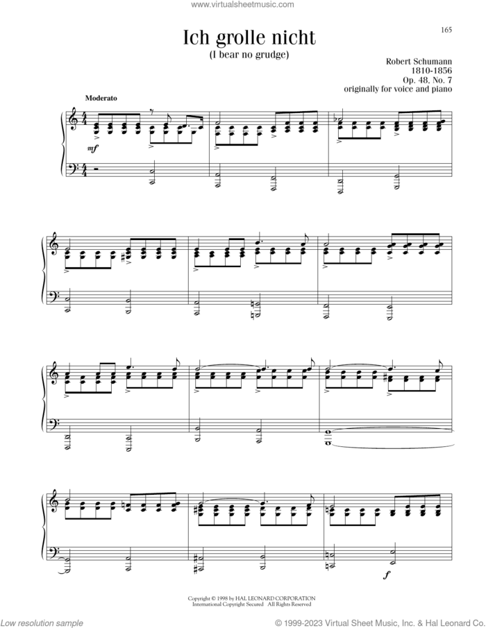 Ich Grolle Nicht (I Bear No Grudge) sheet music for piano solo by Robert Schumann, classical score, intermediate skill level