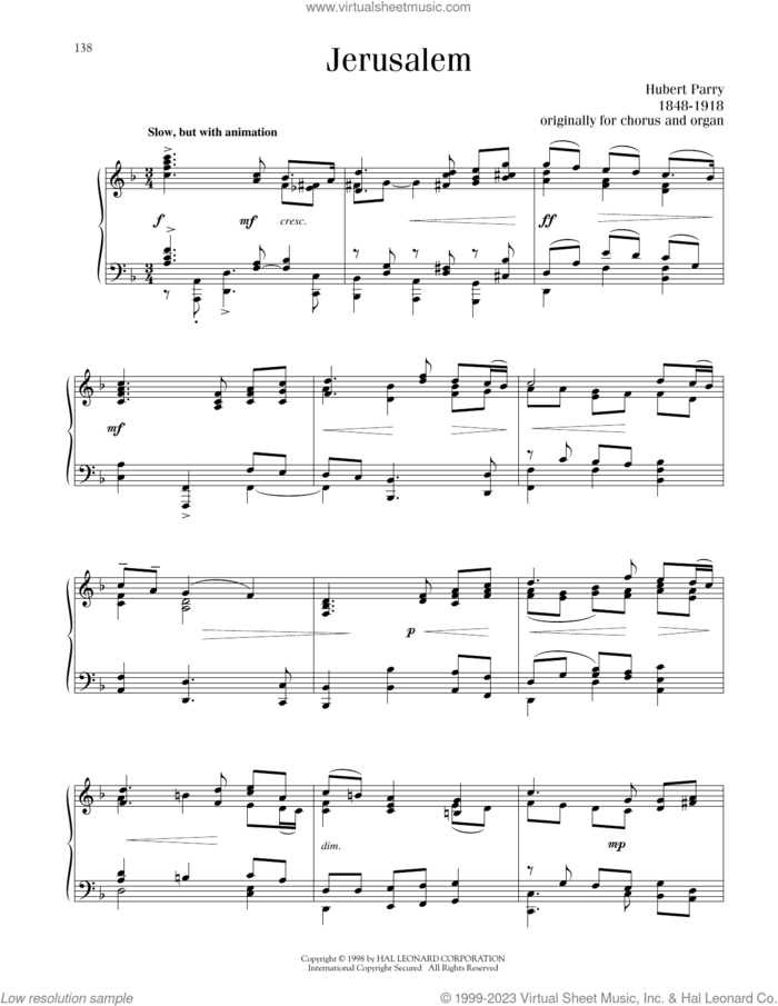 Jerusalem sheet music for piano solo by C.H. Parry, intermediate skill level