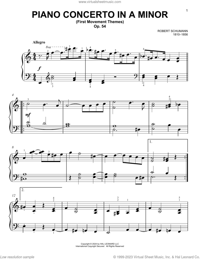 Piano Concerto In A Minor, First Movement, (easy) sheet music for piano solo by Robert Schumann, classical score, easy skill level