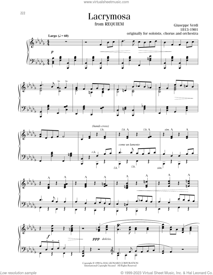 Lacrymosa sheet music for piano solo by Giuseppe Verdi, classical score, intermediate skill level