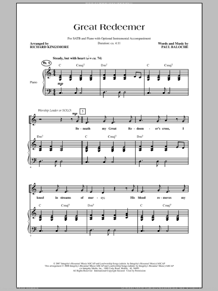 Great Redeemer sheet music for choir (SATB: soprano, alto, tenor, bass) by Paul Baloche and Richard Kingsmore, intermediate skill level