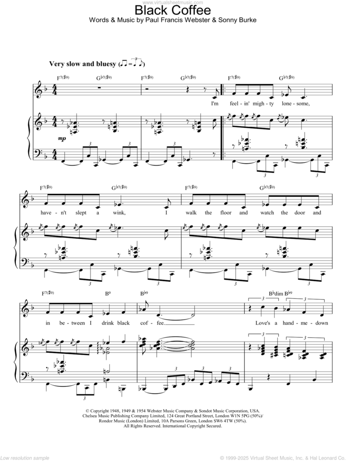 Black Coffee sheet music for voice, piano or guitar by Peggy Lee, intermediate skill level