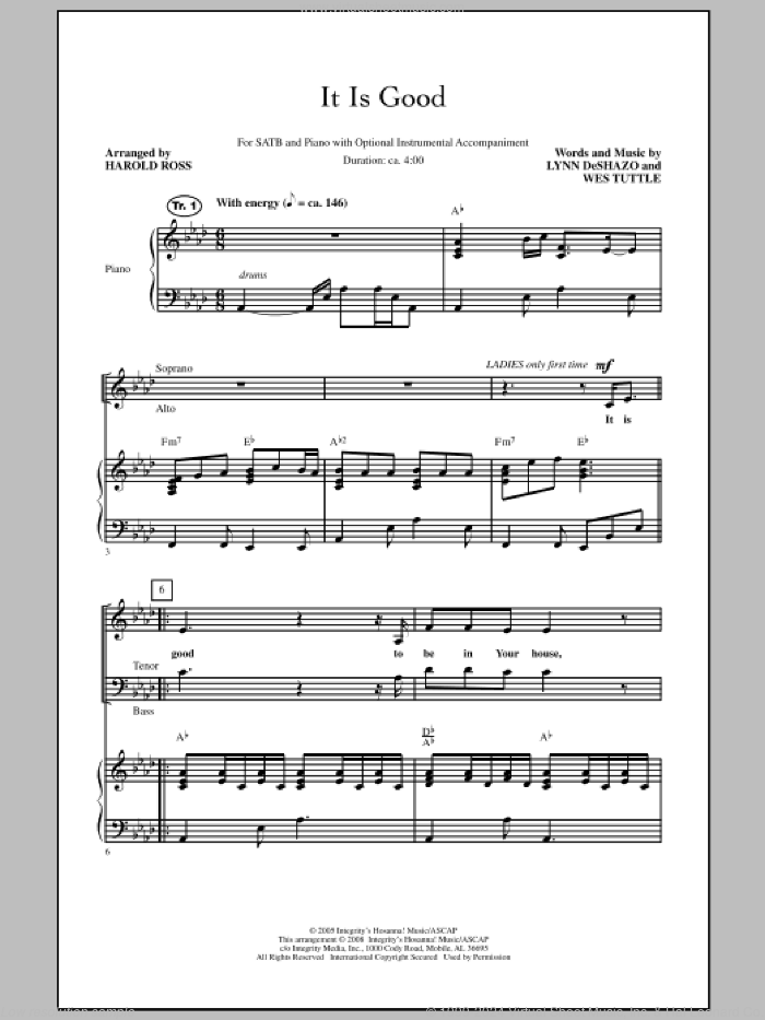 It Is Good sheet music for choir (SATB: soprano, alto, tenor, bass) by Lynn DeShazo, Wes Tuttle and Harold Ross, intermediate skill level