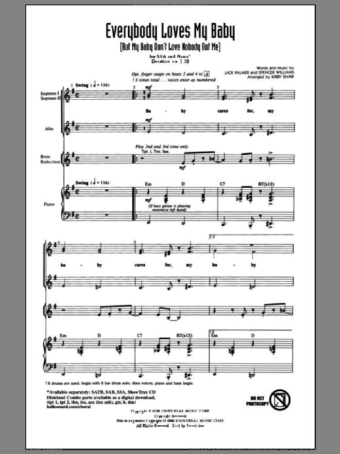 Everybody Loves My Baby (But My Baby Don't Love Nobody But Me) sheet music for choir (SSA: soprano, alto) by Spencer Williams, Jack Palmer and Kirby Shaw, intermediate skill level