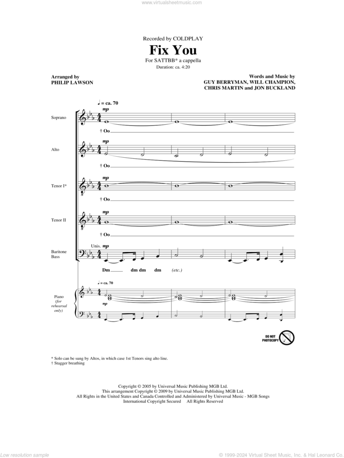 Fix You (arr. George Chung) sheet music for choir (SATB: soprano, alto, tenor, bass) by Guy Berryman, Chris Martin, Jon Buckland, Will Champion, Coldplay and Philip Lawson, intermediate skill level