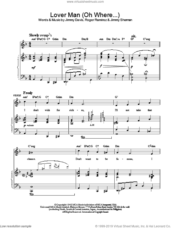 Lover Man (Oh Where...) sheet music for voice, piano or guitar by Bessie Smith, intermediate skill level
