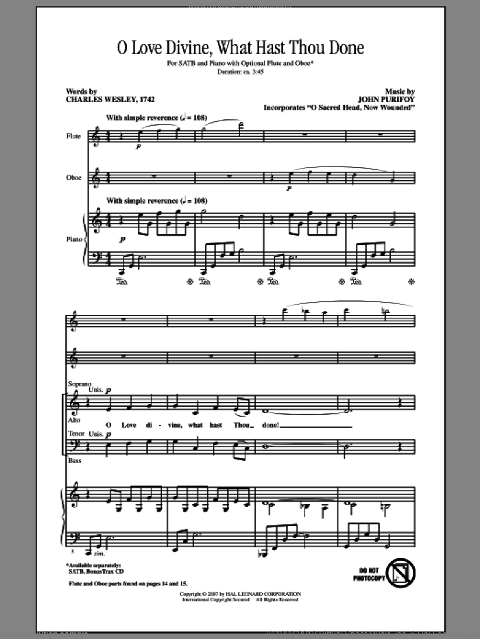 O Love Divine, What Hast Thou Done sheet music for choir (SATB: soprano, alto, tenor, bass) by John Purifoy and Charles Wesley, intermediate skill level