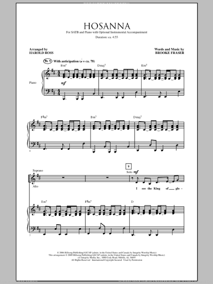 Hosanna sheet music for choir (SATB: soprano, alto, tenor, bass) by Brooke Fraser and Harold Ross, intermediate skill level