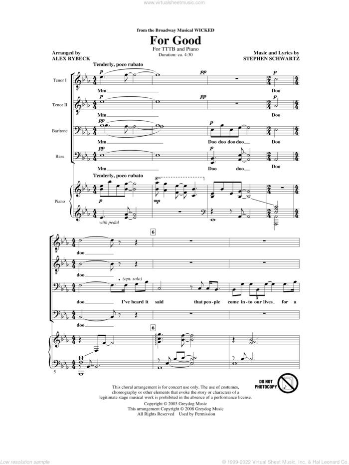 For Good (from Wicked) (arr. Alex Rybeck) sheet music for choir (TTBB: tenor, bass) by Stephen Schwartz, Alex Rybeck and Jerry Rubino, intermediate skill level