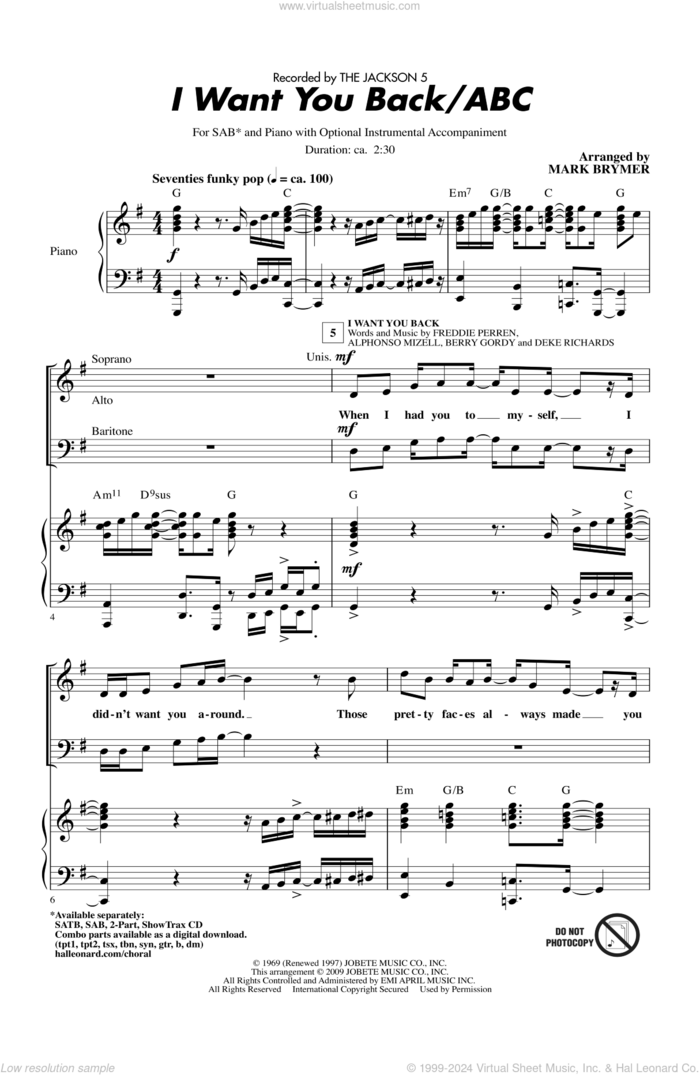 I Want You Back / ABC sheet music for choir (SAB: soprano, alto, bass) by Berry Gordy, Alphonso Mizell, Deke Richards, Frederick Perren, Mark Brymer and The Jackson 5, intermediate skill level