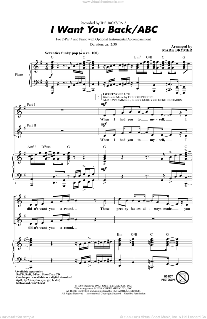 I Want You Back / ABC (arr. Mark Brymer) sheet music for choir (2-Part) by Berry Gordy, Alphonso Mizell, Deke Richards, Frederick Perren, Mark Brymer and The Jackson 5, intermediate duet