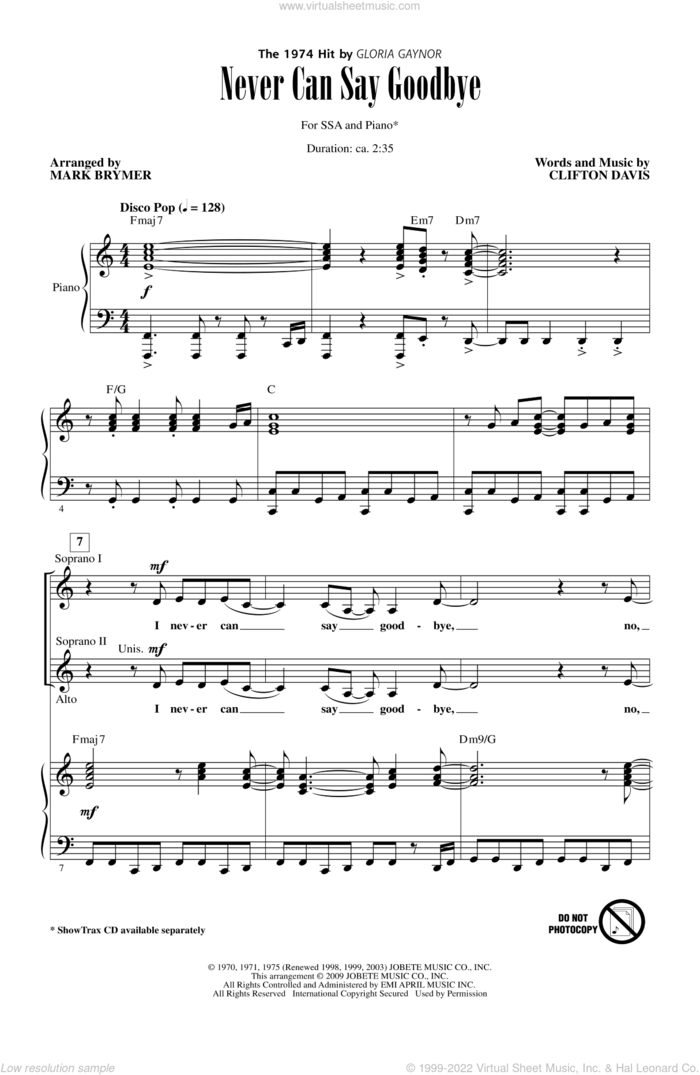 Never Can Say Goodbye sheet music for choir (SSA: soprano, alto) by Mark Brymer, Clifton Davis, Gloria Gaynor and The Jackson 5, intermediate skill level
