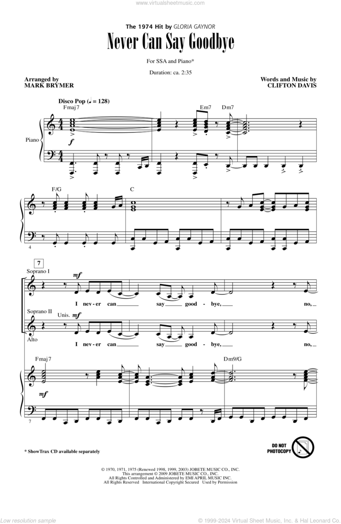 Never Can Say Goodbye sheet music for choir (SSA: soprano, alto) by Mark Brymer, Clifton Davis, Gloria Gaynor and The Jackson 5, intermediate skill level