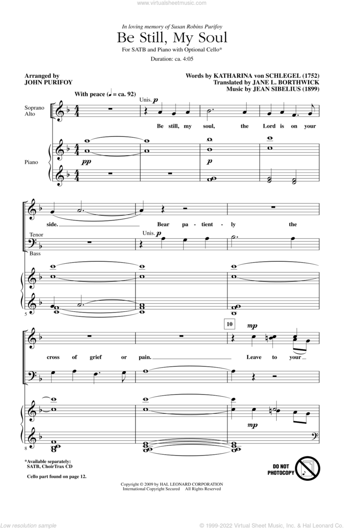 Be Still My Soul sheet music for choir (SATB: soprano, alto, tenor, bass) by Jean Sibelius, Jane L. Borthwick, Katharina von Schegel and John Purifoy, intermediate skill level