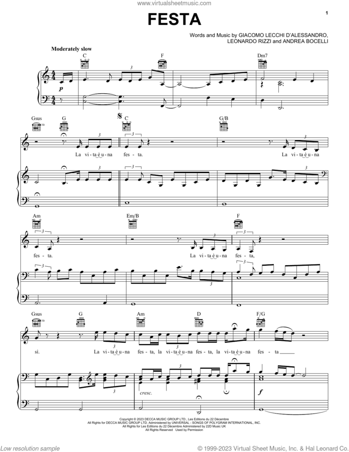 Festa (John Lewis 2023) sheet music for voice, piano or guitar by Andrea Bocelli and Leonardo Rizzi, classical score, intermediate skill level