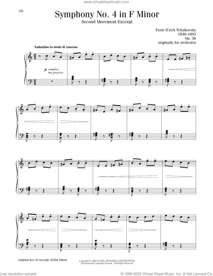 Symphony No. 4 In F Minor, Op. 36, Second Movement Excerpt, (intermediate) sheet music for piano solo by Pyotr Ilyich Tchaikovsky, classical score, intermediate skill level