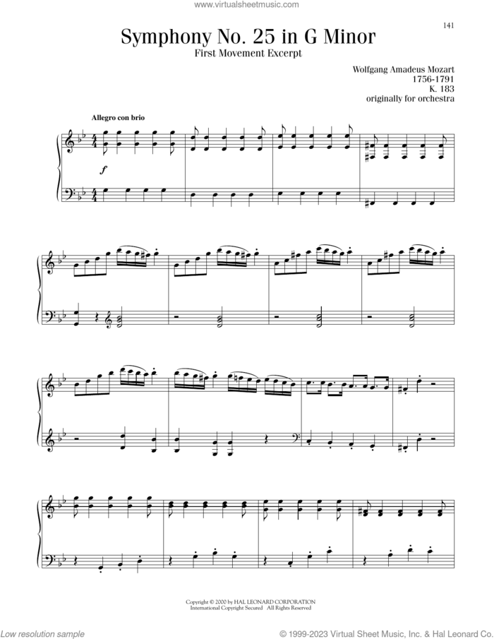 Symphony No. 25, First Movement Excerpt sheet music for piano solo by Wolfgang Amadeus Mozart, classical score, intermediate skill level