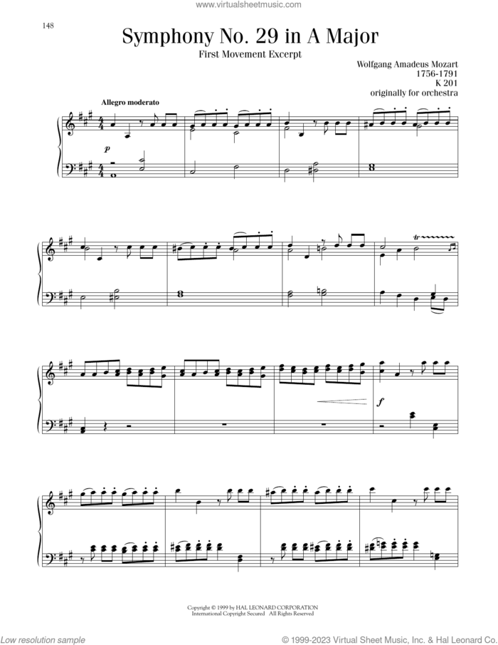 Symphony No. 29, First Movement Excerpt sheet music for piano solo by Wolfgang Amadeus Mozart, classical score, intermediate skill level