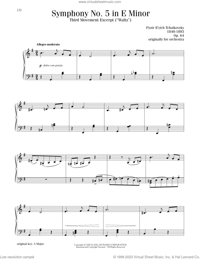 Symphony No. 5 In E Minor, Op. 64, Third Movement ('Waltz') Excerpt, (intermediate) sheet music for piano solo by Pyotr Ilyich Tchaikovsky, classical score, intermediate skill level