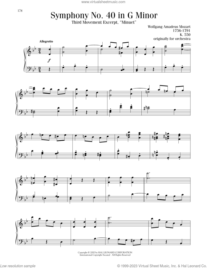 Symphony No. 40 In G Minor, Third Movement ('Minuet') sheet music for piano solo by Wolfgang Amadeus Mozart, classical score, intermediate skill level
