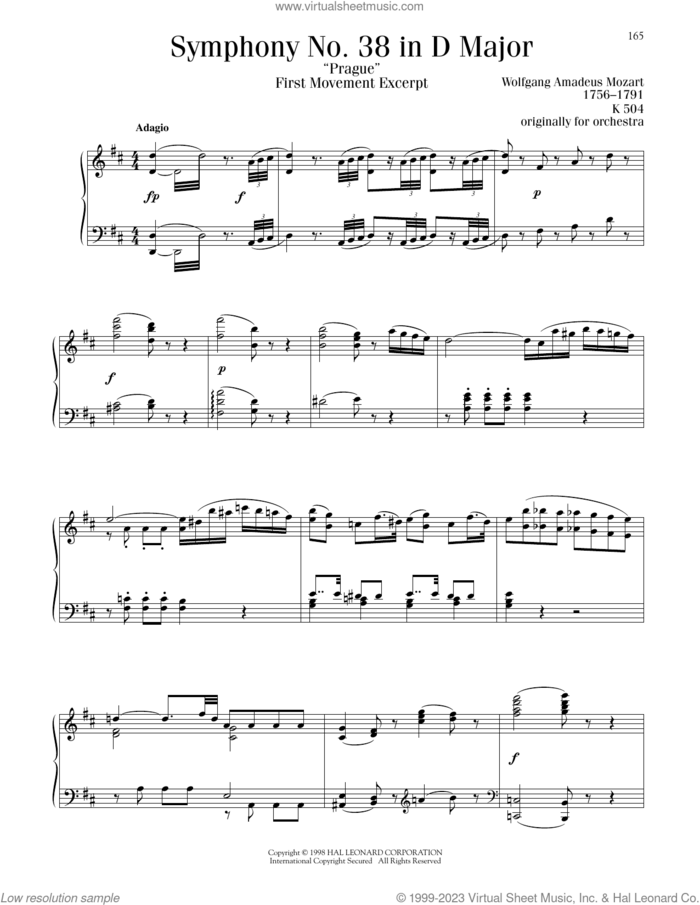 Symphony No. 38 in D Major ('Prague'), First Movement Excerpt sheet music for piano solo by Wolfgang Amadeus Mozart, classical score, intermediate skill level