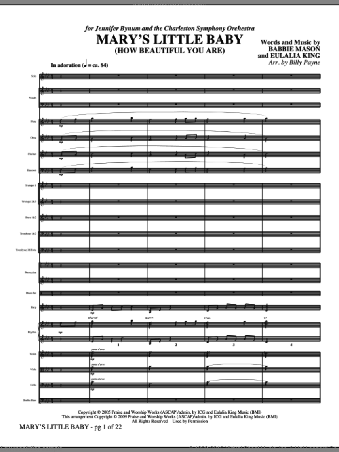 Mary's Little Baby (COMPLETE) sheet music for orchestra/band (Orchestra) by Babbie Mason, Eulalia King and Billy Payne, intermediate skill level