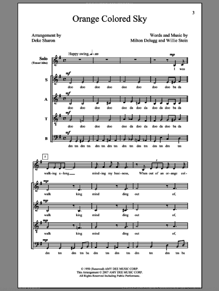 Orange Colored Sky sheet music for choir (SATB: soprano, alto, tenor, bass) by Deke Sharon, Milton DeLugg and Willie Stein, intermediate skill level