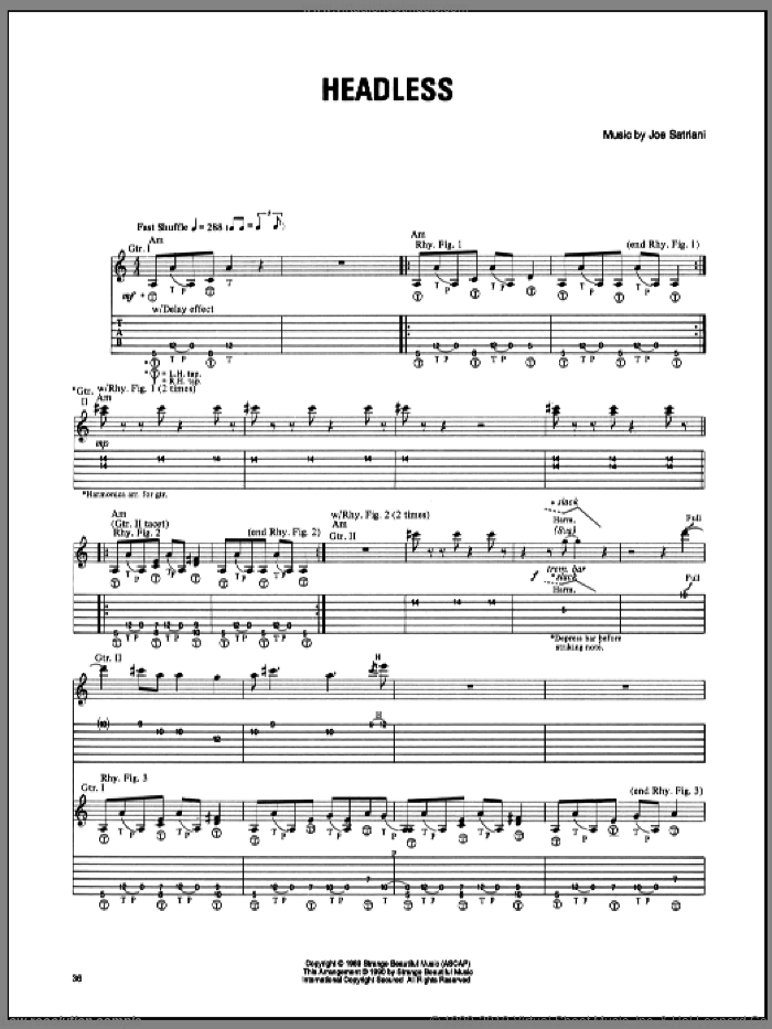 Headless sheet music for guitar (tablature) by Joe Satriani, intermediate skill level