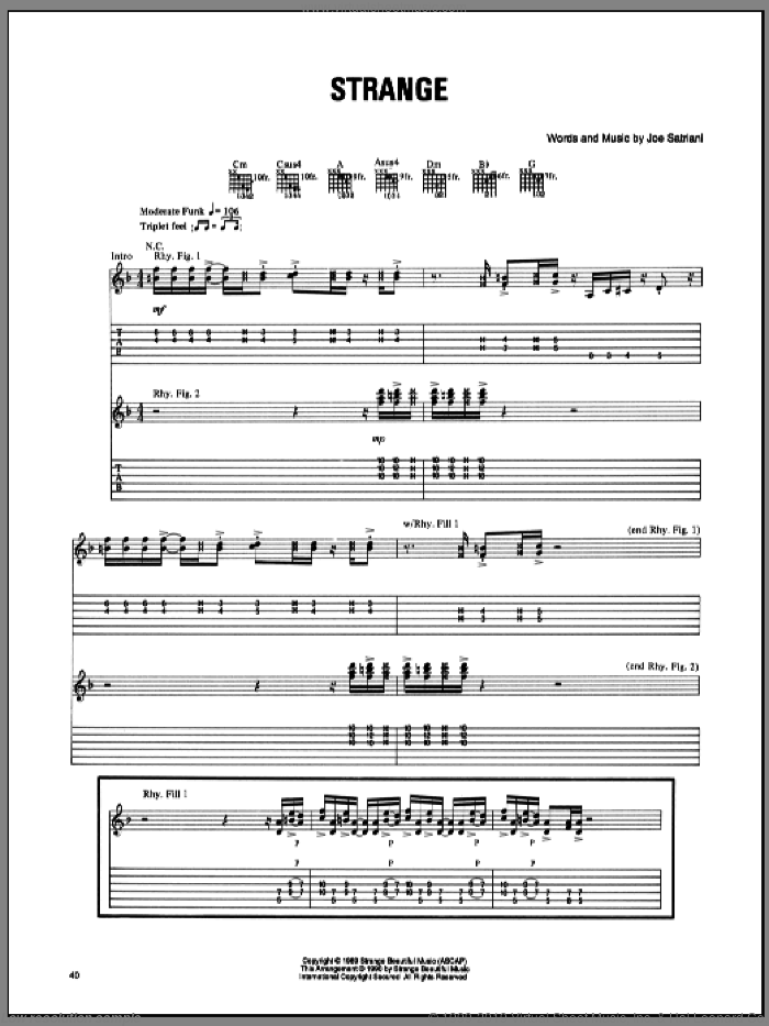 Strange sheet music for guitar (tablature) by Joe Satriani, intermediate skill level