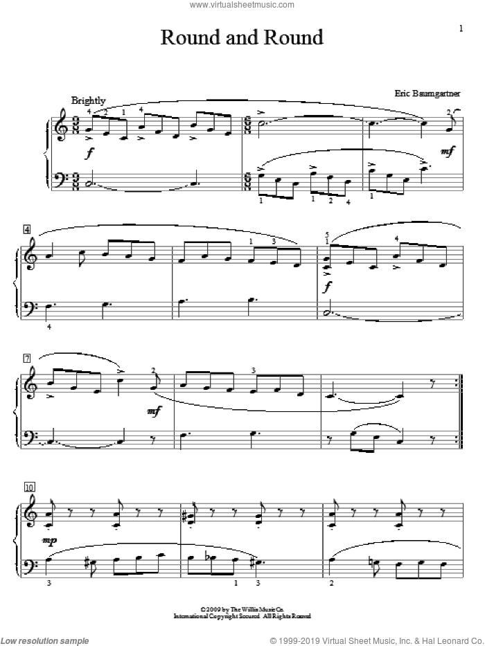 Round And Round sheet music for piano solo (elementary) by Eric Baumgartner, beginner piano (elementary)