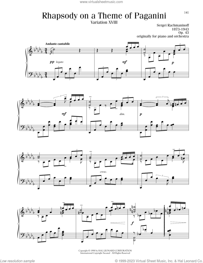 Rhapsody On A Theme Of Paganini, Variation XVIII, (intermediate) sheet music for piano solo by Serjeij Rachmaninoff, classical score, intermediate skill level