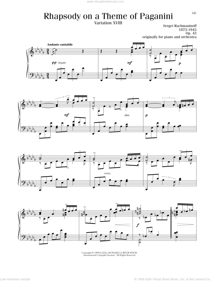 Rhapsody On A Theme Of Paganini, Variation XVIII, (intermediate) sheet music for piano solo by Serjeij Rachmaninoff, classical score, intermediate skill level